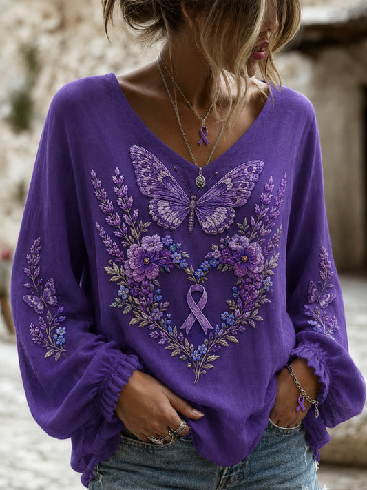 Women's Purple Floral & Hummingbird Print Alzheimer's Awareness Support V-Neck Tee