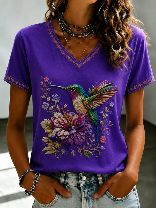 Women's Purple Flora Art Printed V-neck T-shirt