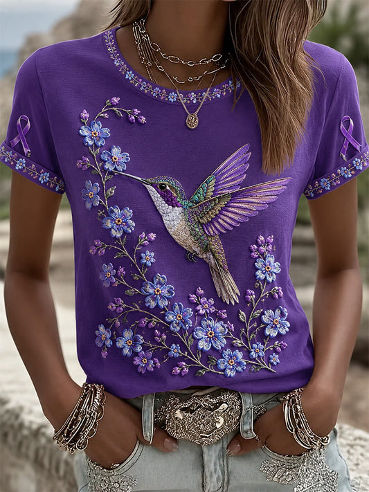 Women's Purple Floral & Hummingbird Print Alzheimer's Awareness Support Tee