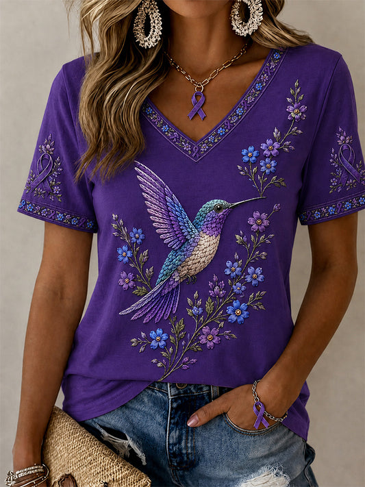 Women's Purple Floral & Hummingbird Print Alzheimer's Awareness Support V-Neck Tee