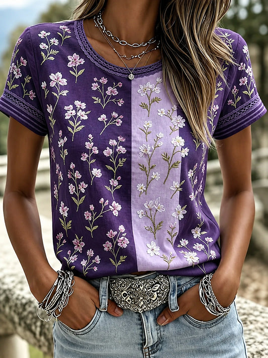 Women's Purple Flora Art Printed T-shirt