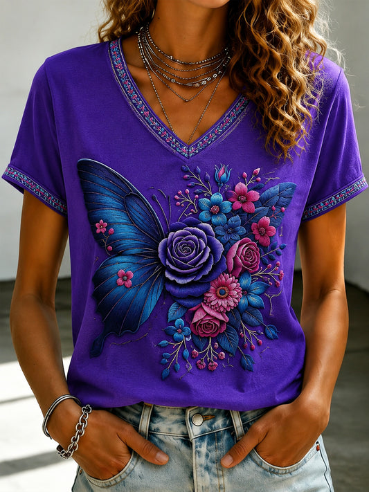 Women's Purple Flora Art Printed V-neck T-shirt
