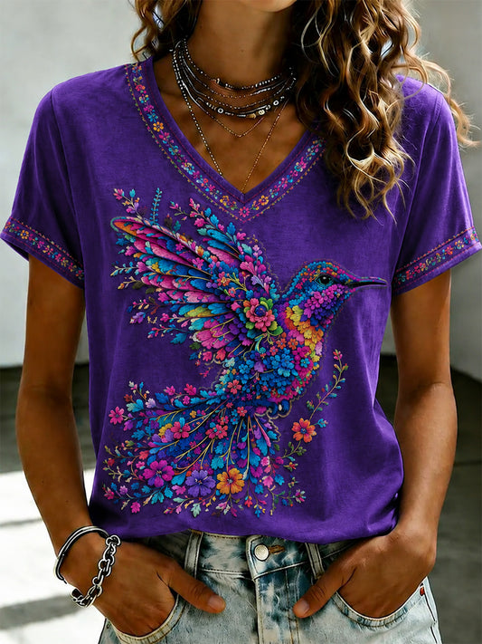 Women's Purple Flora Art Printed V-neck T-shirt