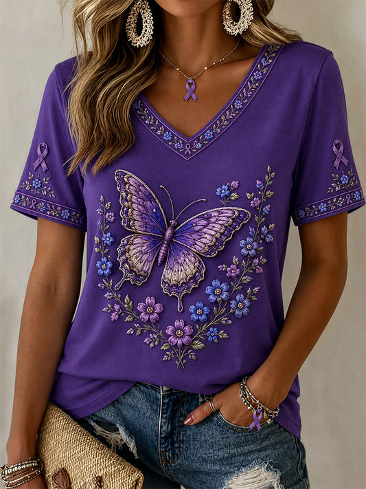 Women's Purple Floral & Butterfly Print Alzheimer's Awareness Support V-Neck Tee
