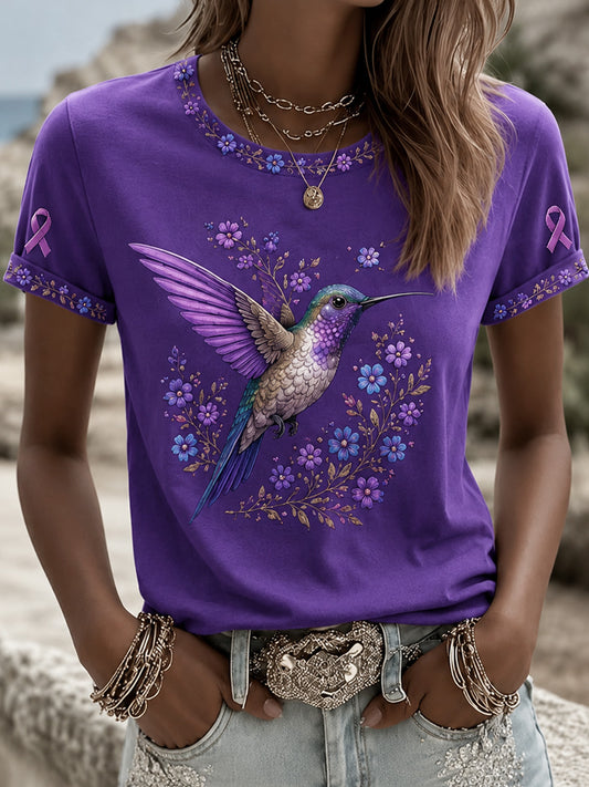 Women's Purple Floral & Hummingbird Print Alzheimer's Awareness Support Tee