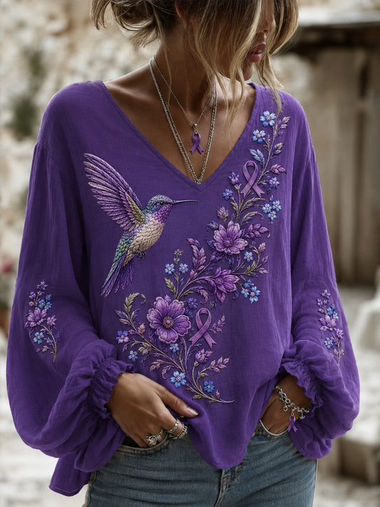 Women's Purple Floral & Hummingbird Print Alzheimer's Awareness Support V-Neck Tee