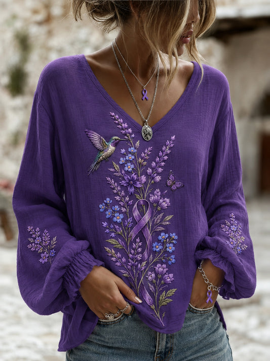 Women's Purple Floral & Hummingbird Print Alzheimer's Awareness Support V-Neck Tee