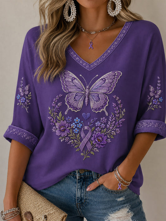 Women's Purple Floral & Butterfly Print Alzheimer's Awareness Support Half-Sleeves V-Neck T-Shirt