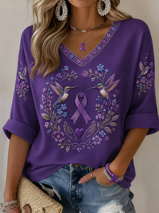Women's Purple Floral & Hummingbird Print Alzheimer's Awareness Support Half-Sleeves V-Neck T-Shirt