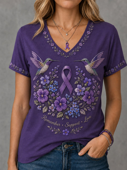 Women's Purple Floral & Hummingbird Print Alzheimer's Awareness Support V-Neck Tee