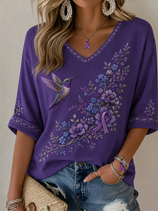 Women's Purple Floral & Hummingbird Print Alzheimer's Awareness Support Half-Sleeves V-Neck T-Shirt