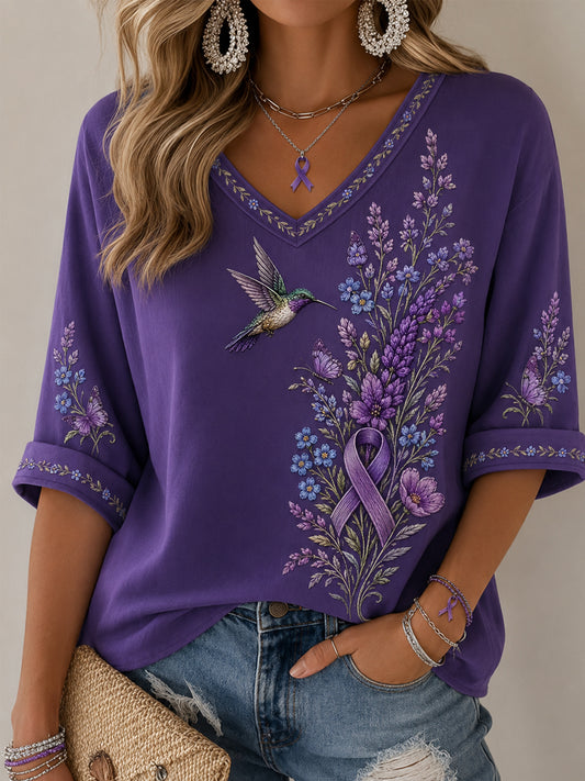 Women's Purple Floral & Hummingbird Print Alzheimer's Awareness Support Half-Sleeves V-Neck T-Shirt