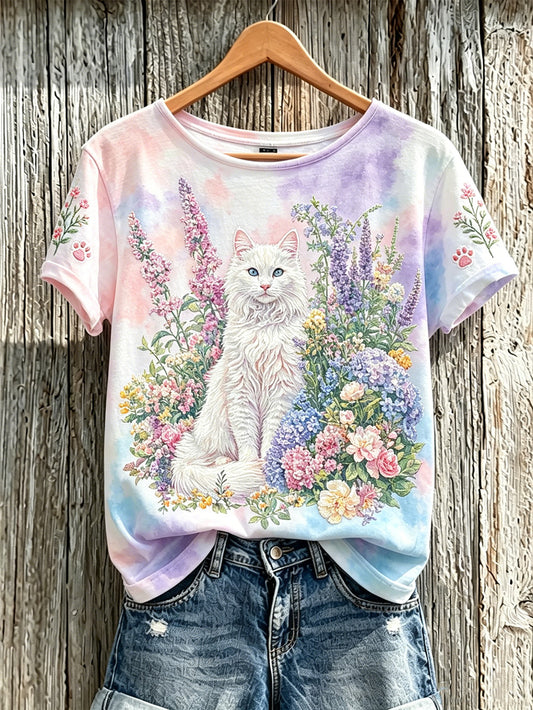 Women's cute cat and flower pattern printed casual short-sleeve T-shirt