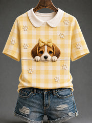Women's Beagle Plaid Print Casual T-Shirt