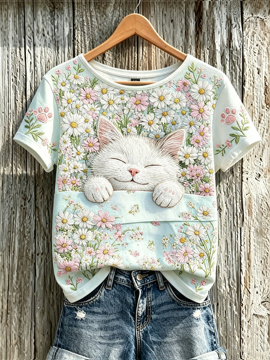 Women's cute cat and flower pattern printed casual short-sleeve T-shirt