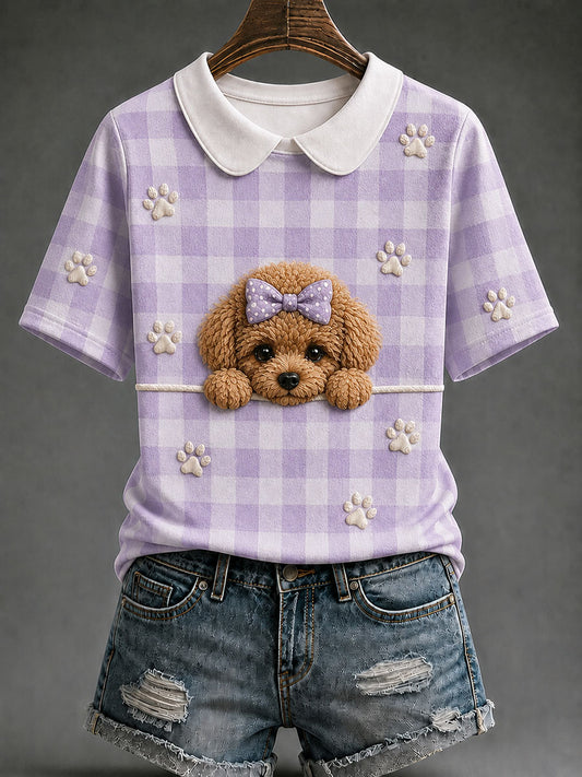 Women's Teddy Dog Plaid Print Casual T-Shirt