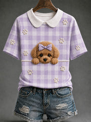 Women's Teddy Dog Plaid Print Casual T-Shirt