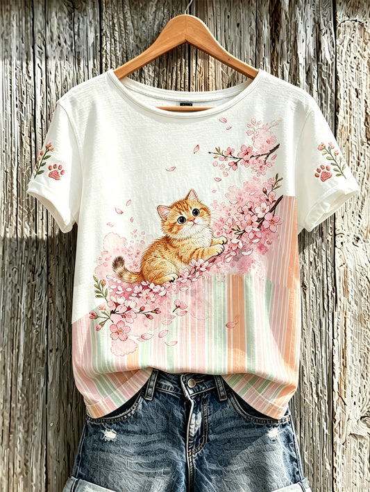 Women's cute cat and flower pattern printed casual short-sleeve T-shirt