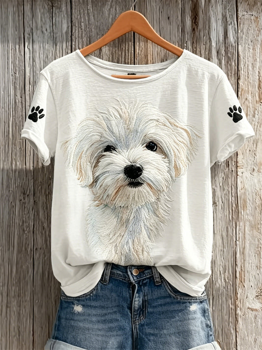 Women's Maltese Dog & Paw Prints Print short-sleeved T-shirt