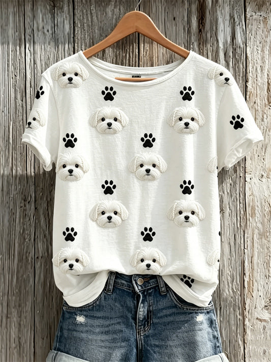 Women's Lovely Maltese Dogs & Paw Prints Pattern Print short-sleeved T-shirt