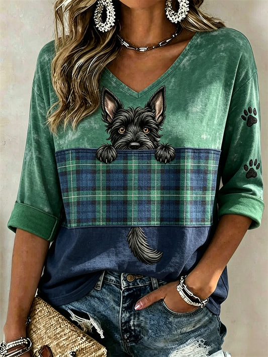 Women's Scottish Terrier Scotland Plaid Colorblock Print Mid-length Sleeves V-Neck T-Shirt