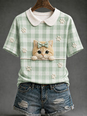 Women's Golden Shaded Cat Plaid Print Casual T-Shirt