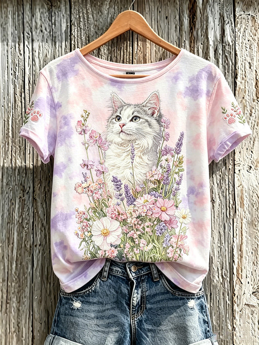 Women's cute cat and flower pattern printed casual short-sleeve T-shirt