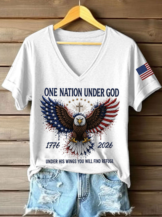 Women's Independence Day Christian One Nation Under God Cross Short Sleeve T-shirt
