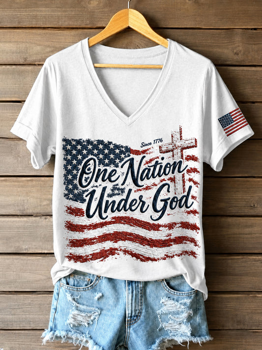 Women's Independence Day Christian One Nation Under God Cross Short Sleeve T-shirt