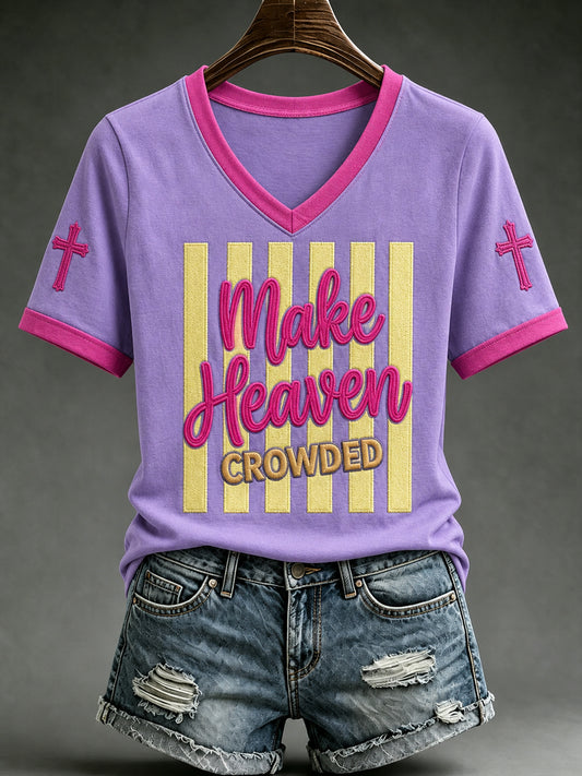 Women's Christian Make Heaven Crowded Cross Printed Short Sleeve T-shirt