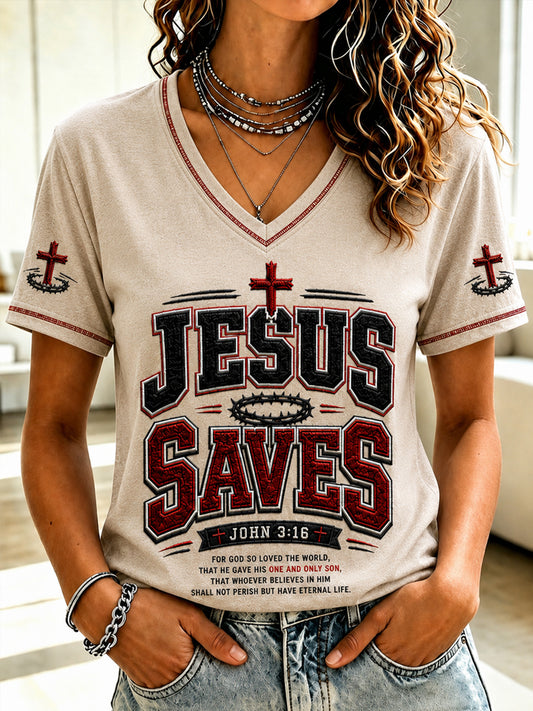 Women's Christian JESUS SAVES Cross V-Neck Short Sleeve T-shirt