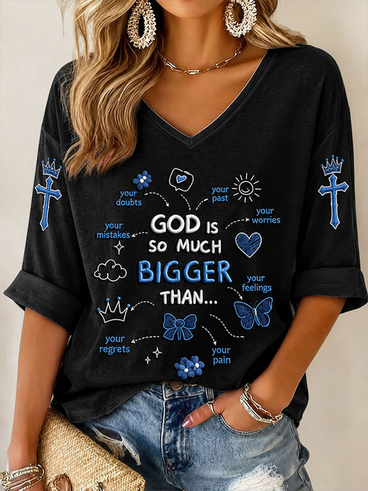 Women's “God Is So Much Bigger Than..."Faith Print Casual T-shirt