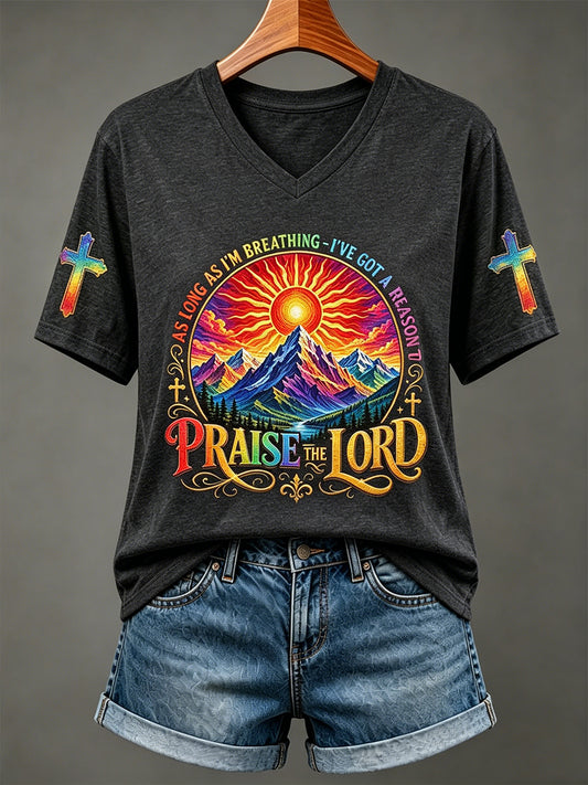 Women's Praise The Lord Faith Print V Neck Short-sleeved T-shirt