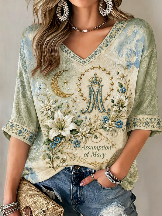 Women's Assumption of Mary Mid-length Sleeves V-Neck T-Shirt