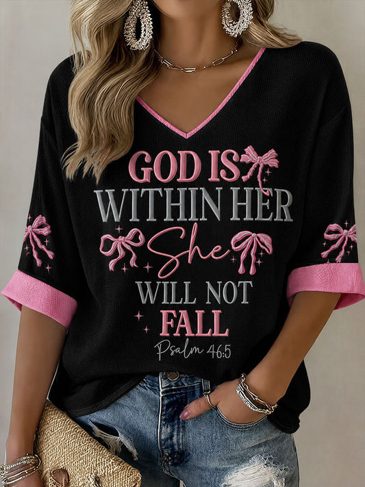 Women's God Is With Her She Will Not Fall Waffle T-shirt