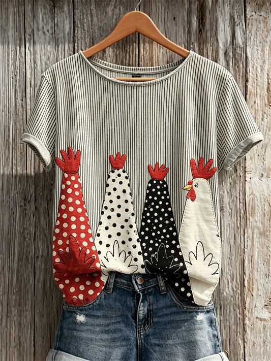 Women's Farm Roosters Polka Dots Art Striped Print short-sleeved T-shirt