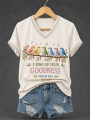 Women's I Sing Of Your Goodness Psalm 89:1 Christian Bird Print Casual V-Neck Tee