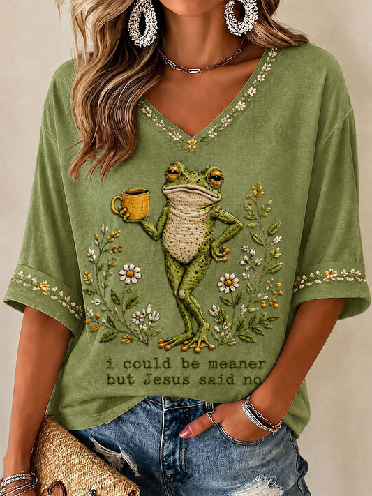Women's 'I Could Be Meaner But Jesus Said No' Printed Casual T-Shirt