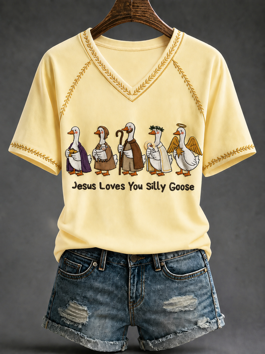 Women's Jesus Loves You Silly Goose V-neck Off-shoulder Short-sleeved T-shirt