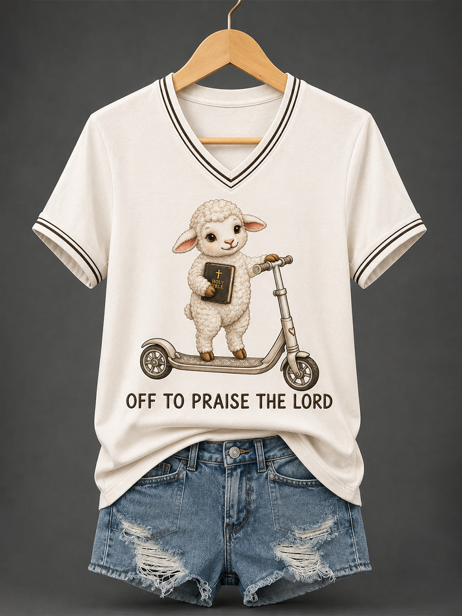 Women's Christian Off To Praise The Lord Print Casual  V-Neck Tee