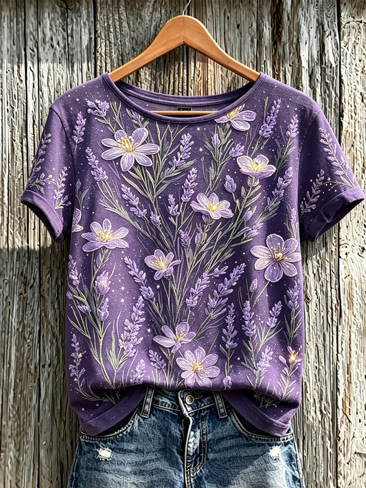 Women's Purple Plant Flower Pattern Printed Casual Short-Sleeved T-shirt