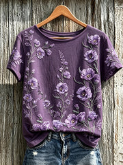 Women's Purple Plant Flower Pattern Printed Casual Short-Sleeved T-shirt