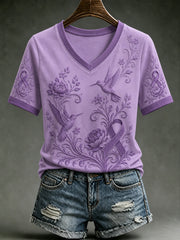 Women's Alzheimer's Awareness Dementia Support Purple Ribbon Purple Floral & Hummingbird  Art  Tee