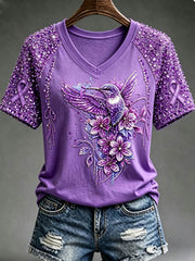 Women's Purple Floral & Hummingbird Print Alzheimer's Awareness Support V-Neck Tee
