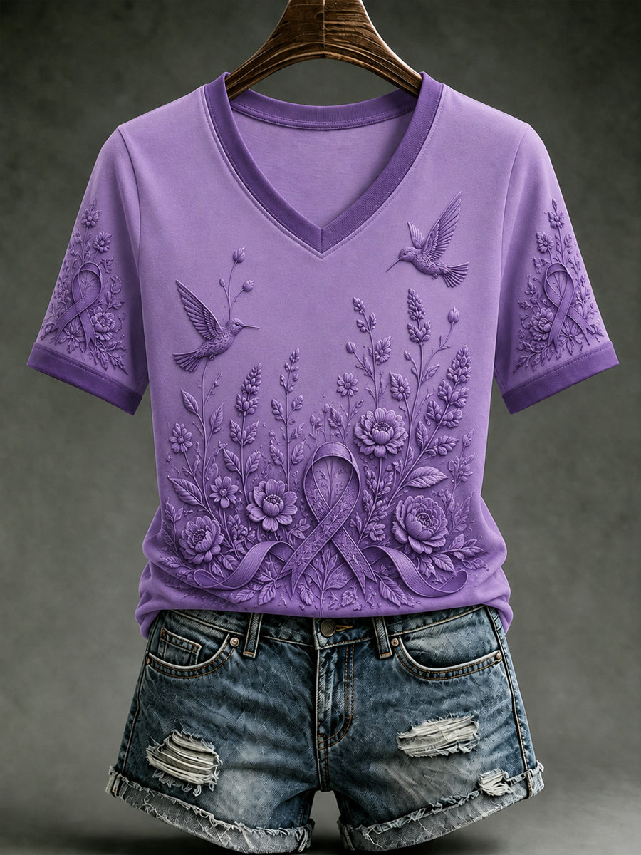 Women's Alzheimer's Awareness Dementia Support Purple Ribbon Purple Floral & Hummingbird  Art  Tee