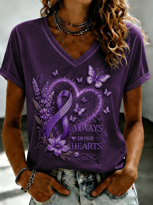 Women's Purple Flora Art Printed V-neck T-shirt