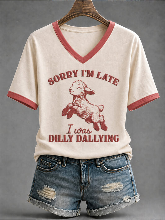 Women's Funny Christian I Was Dilly Dallying Mid-length Sleeves V-Neck T-Shirt