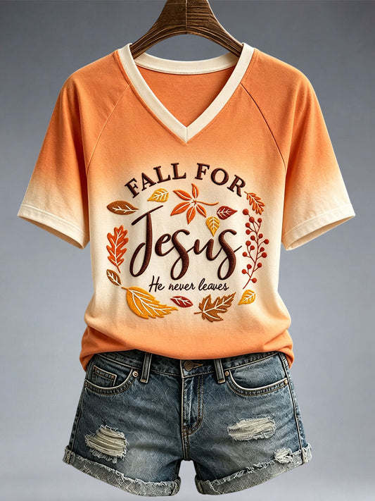 Women's Fall For Jesus He Never Leaves T-Shirt