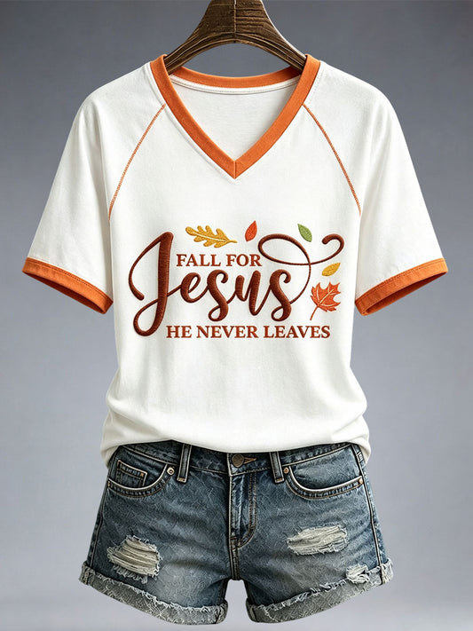 Women's Fall For Jesus He Never Leaves T-Shirt
