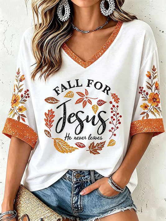 Women's Fall For  Jesus He Never Leaves T-Shirt